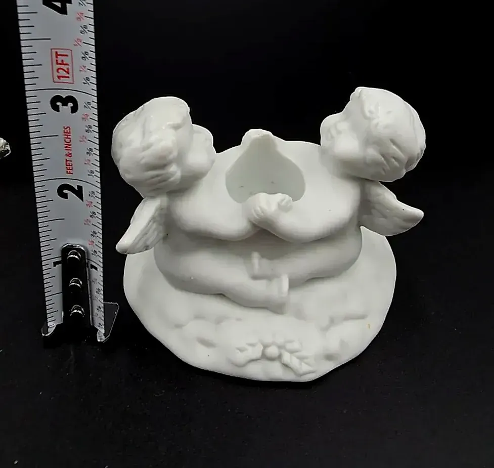 Vintage White Porcelain Cherub Angel Candle Holder with Original Taper Candle Christmas