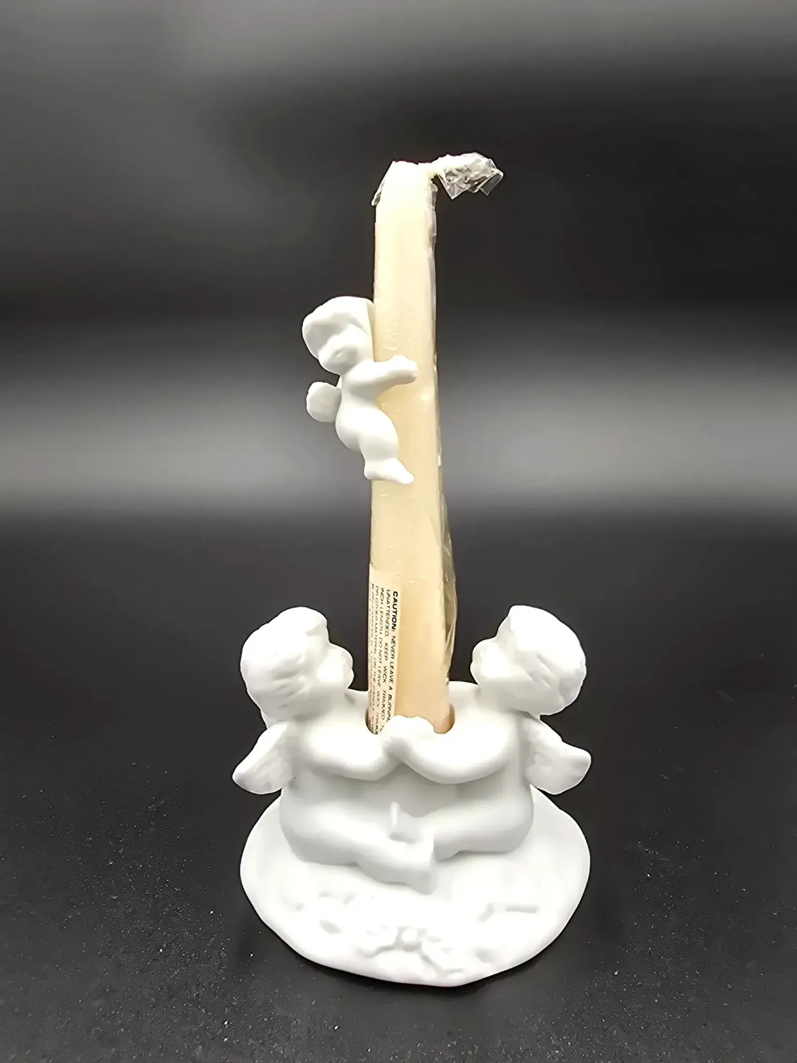 Vintage White Porcelain Cherub Angel Candle Holder with Original Taper Candle Christmas