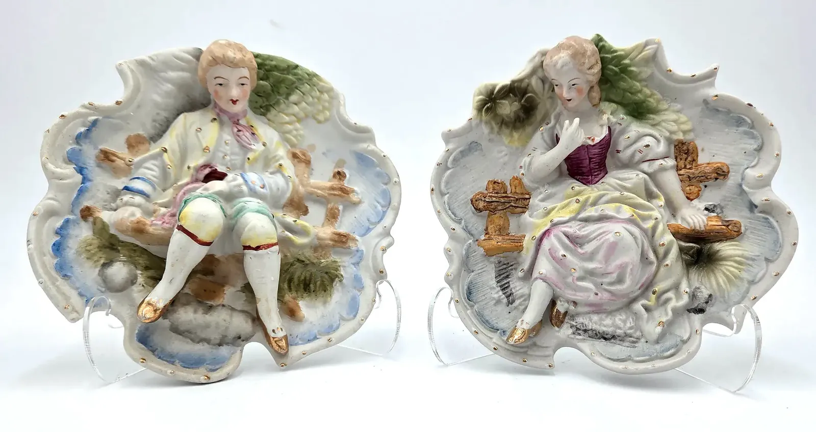 Vintage Pair Hand Painted Made in Japan Victorian Figural Wall Plaques Lady & Gentleman Gold Accents