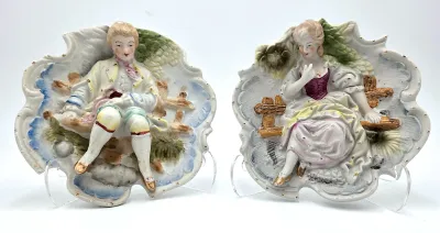 Vintage Pair Hand Painted Made in Japan Victorian Figural Wall Plaques Lady & Gentleman Gold Accents