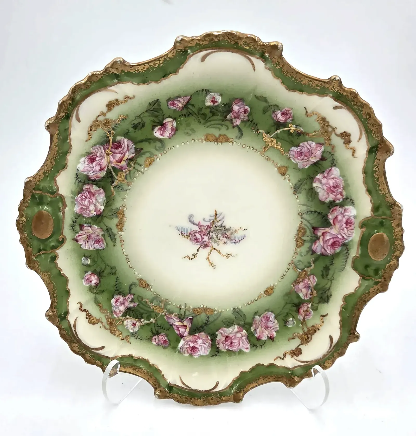 Antique L.S. & S. Limoges France Hand Painted Pink Roses Cabinet Plate Gold Gilt