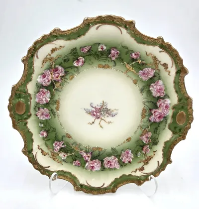 Antique L.S. & S. Limoges France Hand Painted Pink Roses Cabinet Plate Gold Gilt