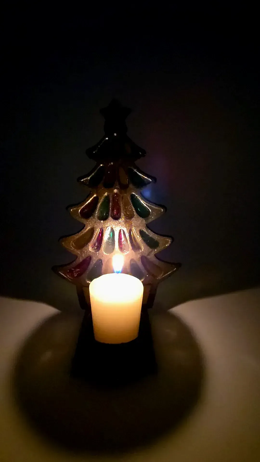 Vintage Stained Glass Cast Iron Christmas Tree Tealight Votive Candle Holder