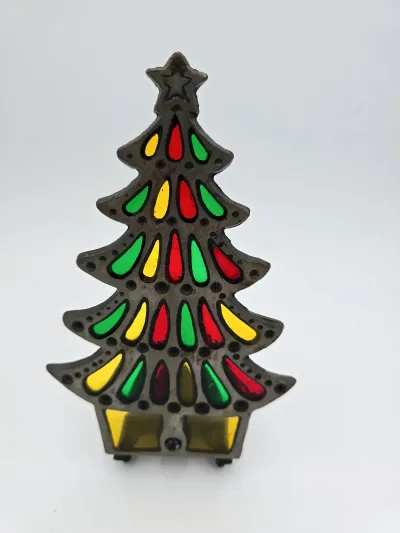 Vintage Stained Glass Cast Iron Christmas Tree Tealight Votive Candle Holder