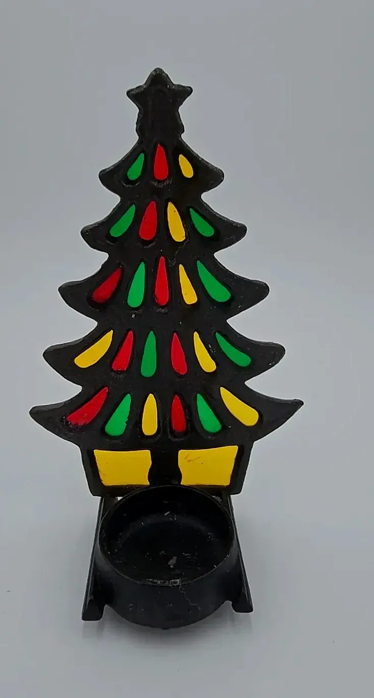 Vintage Stained Glass Cast Iron Christmas Tree Tealight Votive Candle Holder